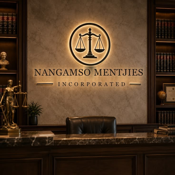 The reception of Nangamso Mentjies Inc., with the firm's back-lit sign